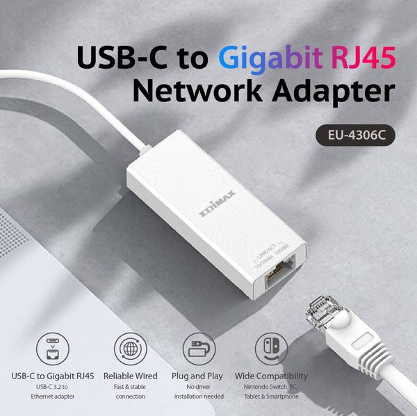 Produktbild: EDIMAX EU-4306C Netzwerkadapter 10 / 100 / 1000 MBit/s USB-C&reg;, RJ45