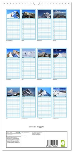 Produktbild: Familienplaner 2027 - Schweizer Berggipfel mit 5 Spalten (Wandkalender, 21 x 45 cm) CALVENDO