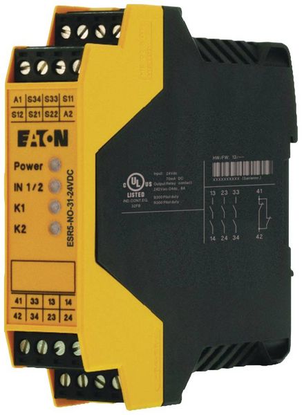 Produktbild: Sicherheitsrelais ESR5-NO-31-24VDC Eaton Betriebsspannung: 24 V/DC (B x H x T) 22.5 x 99 x 114.5 mm 1 St.