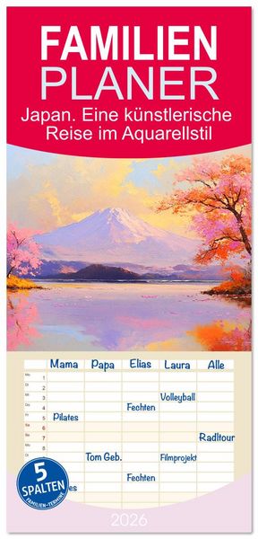 Familienplaner 2026 - Japan. Eine künstlerische Reise im Aquarellstil mit 5 Spalten (Wandkalender, 21 x 45 cm) CALVENDO