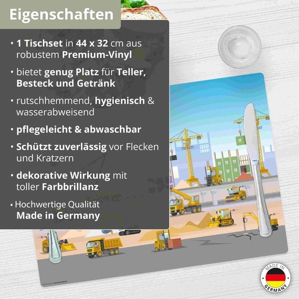 Produktbild: Tischsetmacher Tischset f&uuml;r Kinder Baustelle mit vielen Fahrzeugen Bagger und Kran, aus hochwertigem Vinyl , 44 x 32 cm