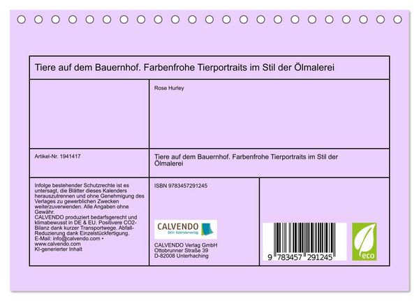 Produktbild: Tiere auf dem Bauernhof. Farbenfrohe Tierportraits im Stil der &Ouml;lmalerei (Tischkalender 2026 DIN A5 quer), CALVENDO Monatskalender