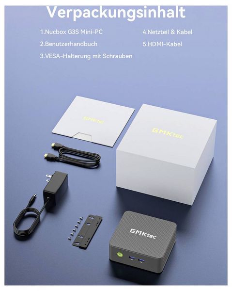 Produktbild: GMKtec Mini PC G3S Intel&reg; Processor N95 8+128GB Intel&reg; Processor N95 3.4GHz 8GB RAM 128GB SSD Intel UHD Graphics Win 11 Pro G3S I