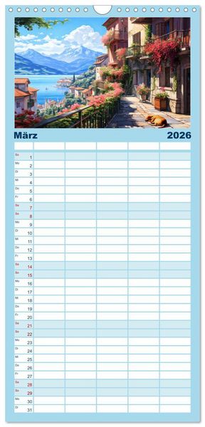 Produktbild: Familienplaner 2026 - S&uuml;dalpines Flair - Seen, Berge und Fantasiest&auml;dte mit 5 Spalten (Wandkalender, 21 x 45 cm) CALVENDO