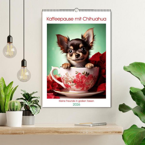 Produktbild: Kaffeepause mit Chihuahua - Kleine Freunde in gro&szlig;en Tassen (Wandkalender 2026 DIN A2 hoch), CALVENDO Monatskalender