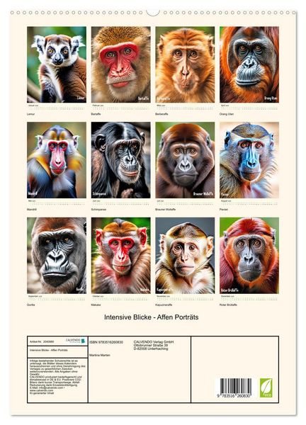 Produktbild: Intensive Blicke - Affen Portr&auml;ts (hochwertiger Premium Wandkalender 2026 DIN A2 hoch), Kunstdruck in Hochglanz
