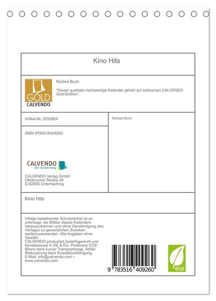Produktbild: Kino Hits (Tischkalender 2026 DIN A5 hoch), CALVENDO Monatskalender