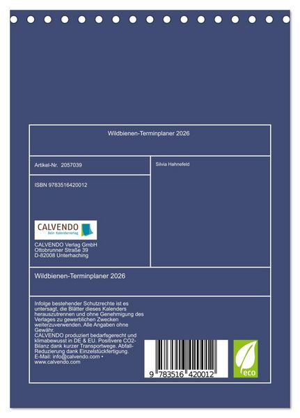 Produktbild: Wildbienen-Terminplaner 2026 (Tischkalender 2026 DIN A5 hoch), CALVENDO Monatskalender