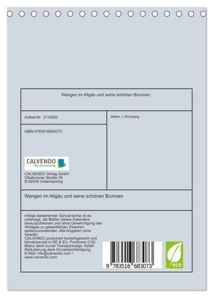 Produktbild: Wangen im Allg&auml;u und seine sch&ouml;nen Brunnen (Tischkalender 2026 DIN A5 hoch), CALVENDO Monatskalender