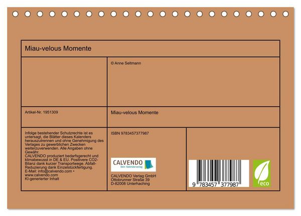 Produktbild: Miau-velous Momente (Tischkalender 2026 DIN A5 quer), CALVENDO Monatskalender