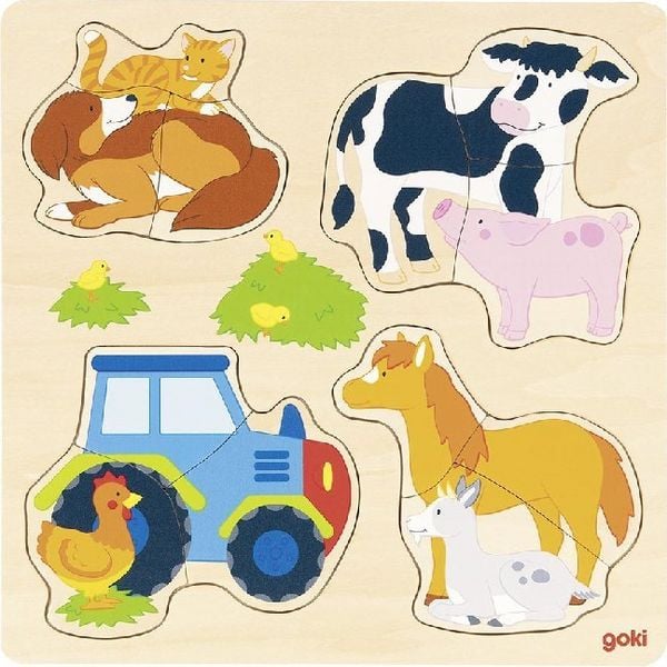 Produktbild: Goki 57430 - Einlegepuzzle Bauernhoftiere, 12-teilig, Holz, 27x27cm