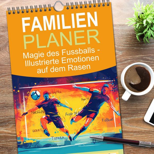 Produktbild: Familienplaner 2026 - Magie des Fussballs - Illustrierte Emotionen auf dem Rasen mit 5 Spalten (Wandkalender, 21 x 45 cm) CALVENDO
