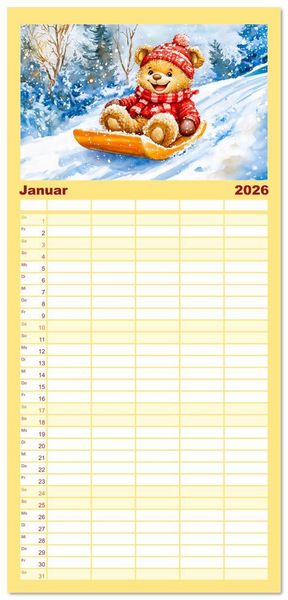 Produktbild: Familienplaner 2026 - Teddy auf dem Bauernhof - Entdecke das Landleben mit Tieren und Feldern mit 5 Spalten (Wandkalender, 21 x 45 cm) CALVENDO