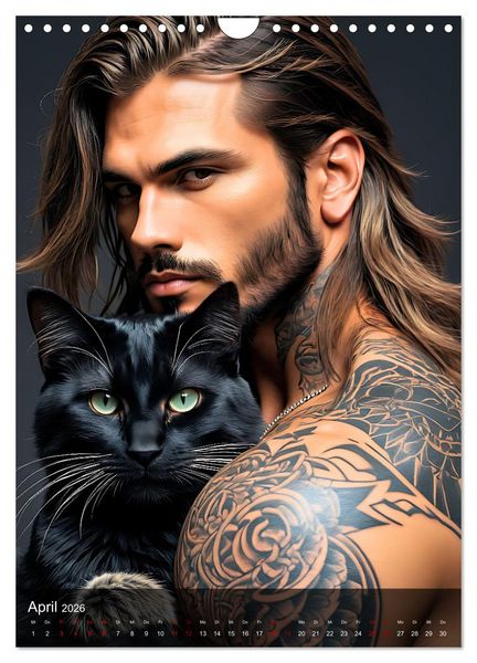 Produktbild: Verschmuste Kerle - Muskeln, Tattoos und Miezekatzen (Wandkalender 2026 DIN A4 hoch), CALVENDO Monatskalender