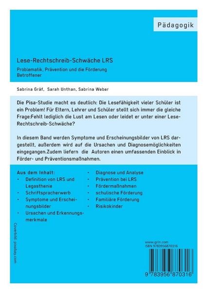 Produktbild: Lese-Rechtschreib-Schw&auml;che LRS. Problematik, Pr&auml;vention und die F&ouml;rderung Betroffener