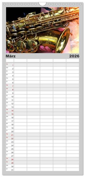 Produktbild: Familienplaner 2026 - SAXOPHON - on stage mit 5 Spalten (Wandkalender, 21 x 45 cm) CALVENDO