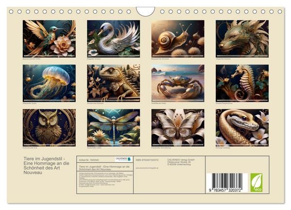 Produktbild: Tiere im Jugendstil - Eine Hommage an die Sch&ouml;nheit des Art Nouveau (Wandkalender 2026 DIN A4 quer), CALVENDO Monatskalender