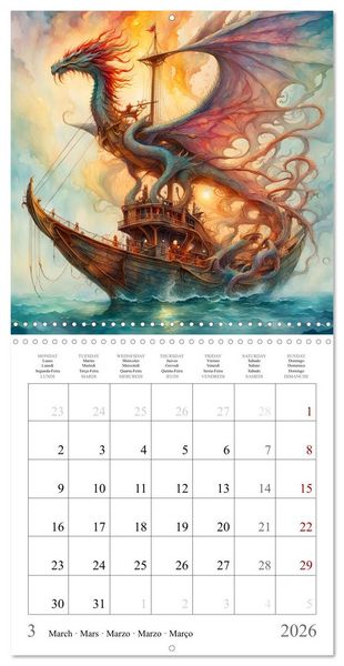 Produktbild: Voiliers-Dragons imaginaires (Calendrier mural carr&eacute; 2026 30x30 cm) Calendrier double avec une page pour vos prises de notes
