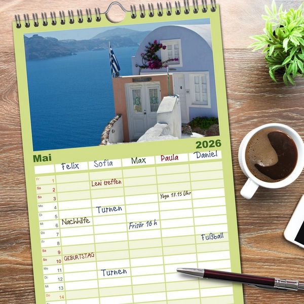 Produktbild: Familienplaner 2026 - Santorin - Perle der Kykladen mit 5 Spalten (Wandkalender, 21 x 45 cm) CALVENDO
