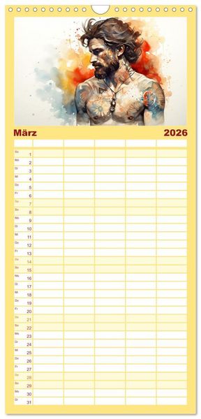 Produktbild: Familienplaner 2026 - Tattoo trifft Kunst mit 5 Spalten (Wandkalender, 21 x 45 cm) CALVENDO