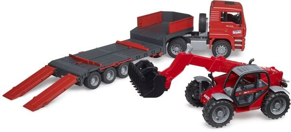 Produktbild: Bruder MAN TGA Tieflader mit Manitou Teleskoplader Fertigmodell Baufahrzeug Modell