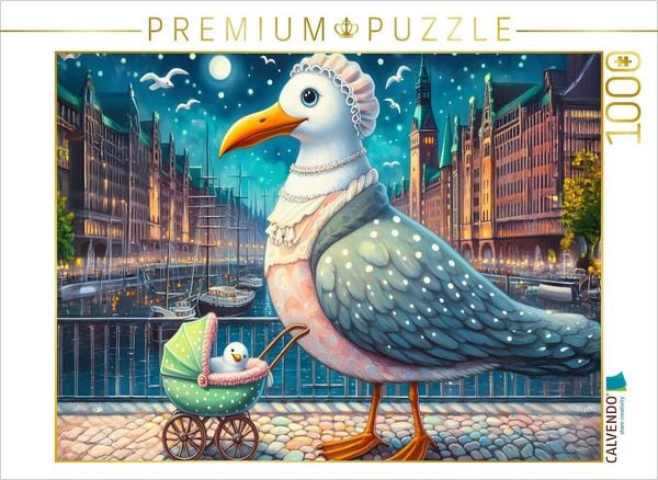 Produktbild: CALVENDO Puzzle M&ouml;we Emma am Abend mit Baby in der Speicherstadt | 1000 Teile Lege-Gr&ouml;&szlig;e 64x48cm Foto-Puzzle f&uuml;r gl&uuml;ckliche Stunden