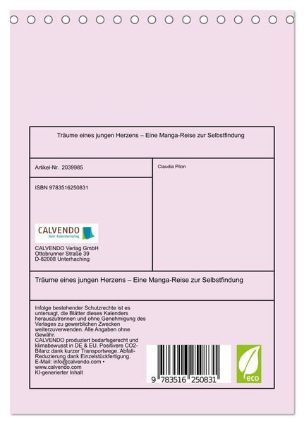 Produktbild: Tr&auml;ume eines jungen Herzens &ndash; Eine Manga-Reise zur Selbstfindung (Tischkalender 2026 DIN A5 hoch), CALVENDO Monatskalender