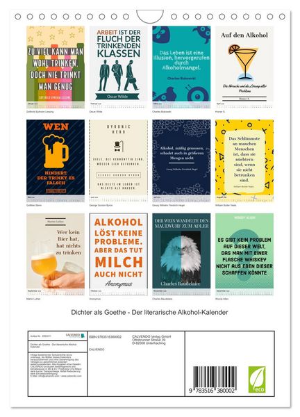 Produktbild: Dichter als Goethe - Der literarische Alkohol-Kalender (Wandkalender 2026 DIN A4 hoch), CALVENDO Monatskalender