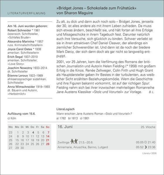 Produktbild: Literatur Tagesabrei&szlig;kalender 2026 - Kulturkalender - Autoren, Werke, H&ouml;rb&uuml;cher