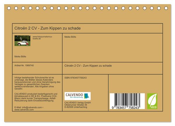 Produktbild: Citro&euml;n 2 CV - Zum Kippen zu schade (Tischkalender 2026 DIN A5 quer), CALVENDO Monatskalender