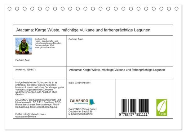 Produktbild: Atacama: Karge W&uuml;ste, m&auml;chtige Vulkane und farbenpr&auml;chtige Lagunen (Tischkalender 2026 DIN A5 quer), CALVENDO Monatskalender