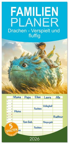 Produktbild: Familienplaner 2026 - Drachen - Verspielt und fluffig mit 5 Spalten (Wandkalender, 21 x 45 cm) CALVENDO