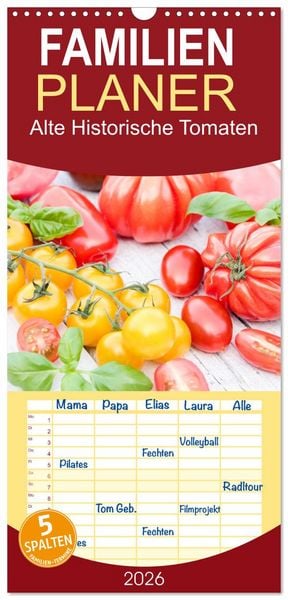 Produktbild: Familienplaner 2026 - Alte Historische Tomaten mit 5 Spalten (Wandkalender, 21 x 45 cm) CALVENDO
