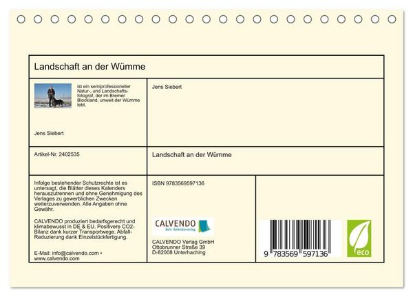 Produktbild: Landschaft an der W&uuml;mme (Tischkalender 2027 DIN A5 quer), CALVENDO Monatskalender