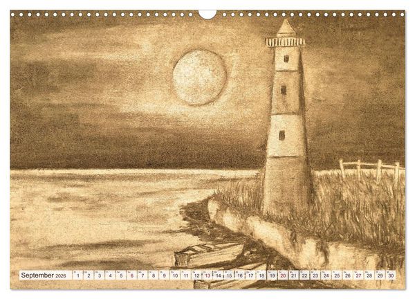 Produktbild: Pausen f&uuml;r deine Seele - Seelenlandschaften in Sepia - Ein Jahr der Ruhe mit Kohlezeichnungen (Wandkalender 2026 DIN A3 quer), CALVENDO Monatskalender