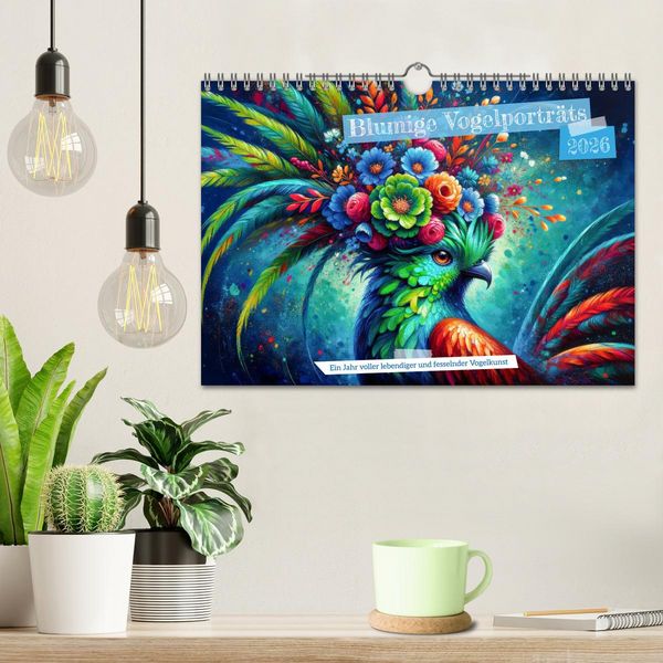 Produktbild: Blumige Vogelportr&auml;ts (Wandkalender 2026 DIN A4 quer), CALVENDO Monatskalender