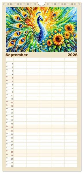 Produktbild: Familienplaner 2026 - Tanz der Pfauen - Jahreszeiten in abstrakter Eleganz mit 5 Spalten (Wandkalender, 21 x 45 cm) CALVENDO
