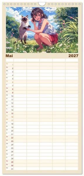 Produktbild: Familienplaner 2027 - Tierische Anime-Freunde - Fr&ouml;hliche Streifz&uuml;ge mit Hund und Katze mit 5 Spalten (Wandkalender, 21 x 45 cm) CALVENDO