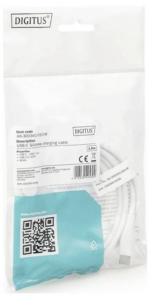 Produktbild: Digitus USB-C&reg; Kabel USB 2.0 USB-C&reg; Stecker 1.00m Wei&szlig; (matt) exzellente Alterungseigenschaften, Flexibel, flexibler Innenleiter
