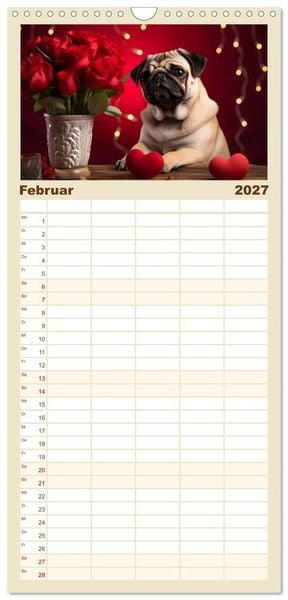 Produktbild: Familienplaner 2027 - Lustige Mops-Hunde: Die charmanten Meister von Chaos und Unfug mit 5 Spalten (Wandkalender, 21 x 45 cm) CALVENDO