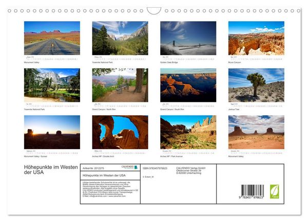 Produktbild: H&ouml;hepunkte im Westen der USA (Wandkalender 2026 DIN A3 quer), CALVENDO Monatskalender