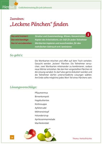 Produktbild: Ged&auml;chtnistraining f&uuml;r jede Jahreszeit - Herbst. F&uuml;r Senioren. Auch mit Demenz. Mit Kopiervorlagen