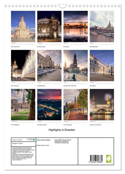 Produktbild: Highlights in Dresden (Wandkalender 2026 DIN A3 hoch), CALVENDO Monatskalender