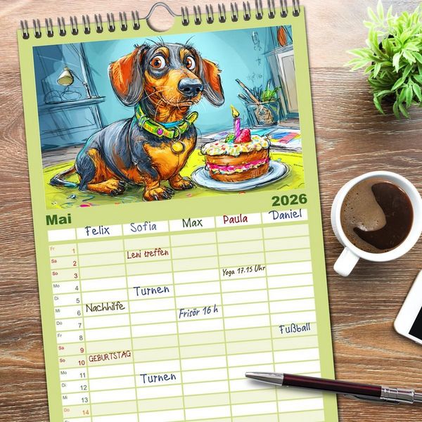 Produktbild: Familienplaner 2026 - Dackel Fun. Zauberhafte Hunde Cartoons f&uuml;rs Herz mit 5 Spalten (Wandkalender, 21 x 45 cm) CALVENDO