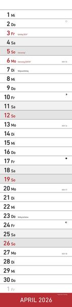 Produktbild: Streifenplaner XL ROT 2026 - Streifenkalender 15x64 cm - Wandplaner - Küchenkalender - schmales Design - eine Spalte - Langplaner