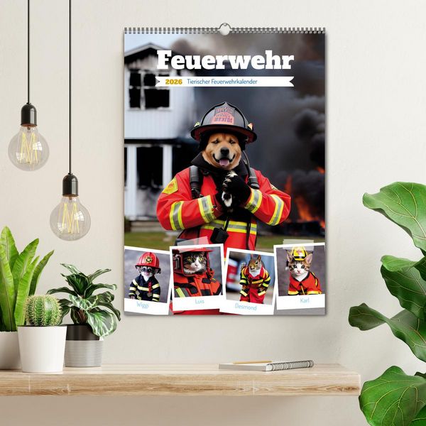 Produktbild: Feuerwehr - Tierischer Feuerwehrkalender (Wandkalender 2026 DIN A2 hoch), CALVENDO Monatskalender