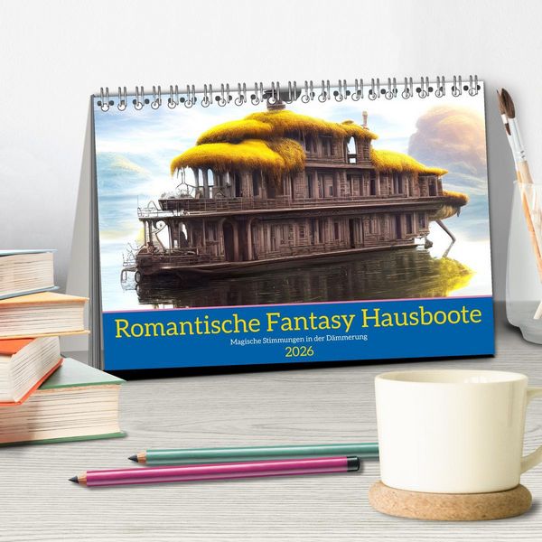 Produktbild: Romantische Fantasy Hausboote Magische Stimmungen in der D&auml;mmerung (Tischkalender 2026 DIN A5 quer), CALVENDO Monatskalender