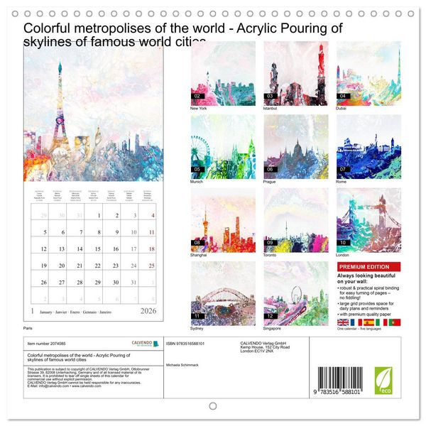 Produktbild: Colorful metropolises of the world - Acrylic Pouring of skylines of famous world cities (Wall Calendar 2026 12 &times; 12 Inch) CALVENDO 12 Month Wall Calendar