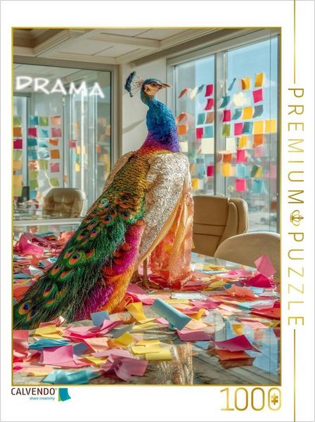Produktbild: CALVENDO Puzzle Tierpuzzle mit Pfau in einem B&uuml;ro - die Dramaqueen unter den Federtieren sorgt f&uuml;r buntes Chaos | 1000 Teile Lege-Gr&ouml;&szlig;e 64x48cm Foto-Puzzle f&uuml;r gl&uuml;ckliche Stunden