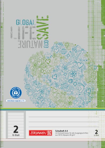 Produktbild: Brunnen Schulheft A4 Lin 2 16Bl RCP